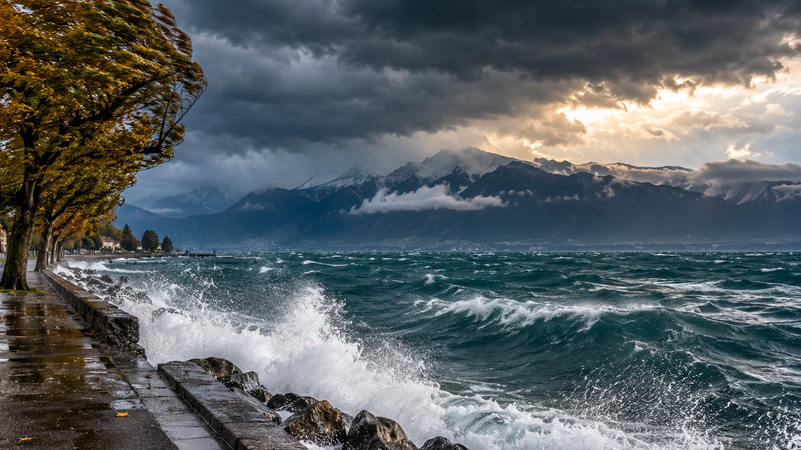 Aufgewühlter Schweizer See mit stark bewegten Uferbäumen unter dunklen Wolken als Symbolbild für kräftigen Wind