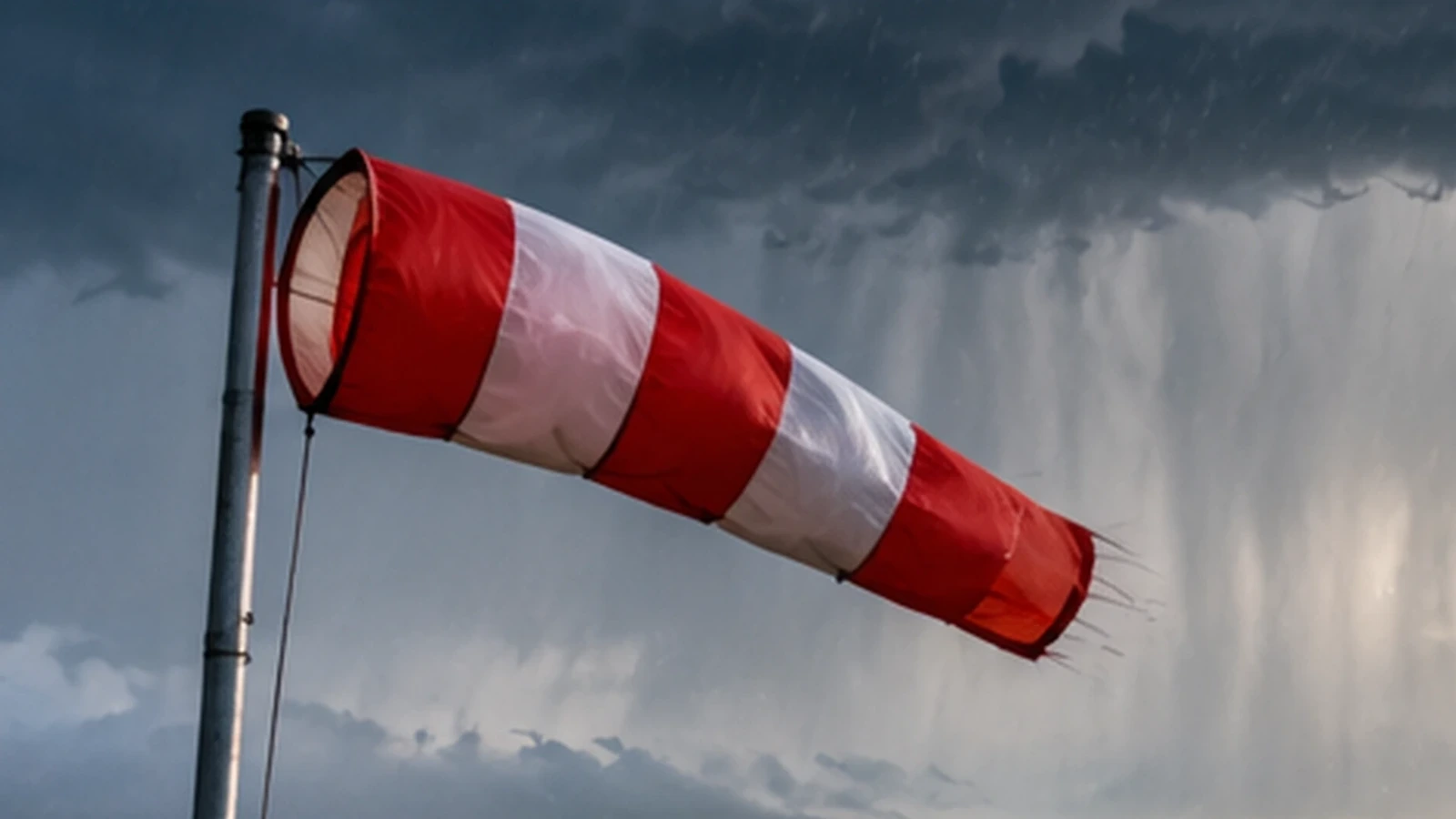Windsack vor dunklen Schauerwolken als neutrales Symbolbild für lokale Wind- und Schauerentwicklung