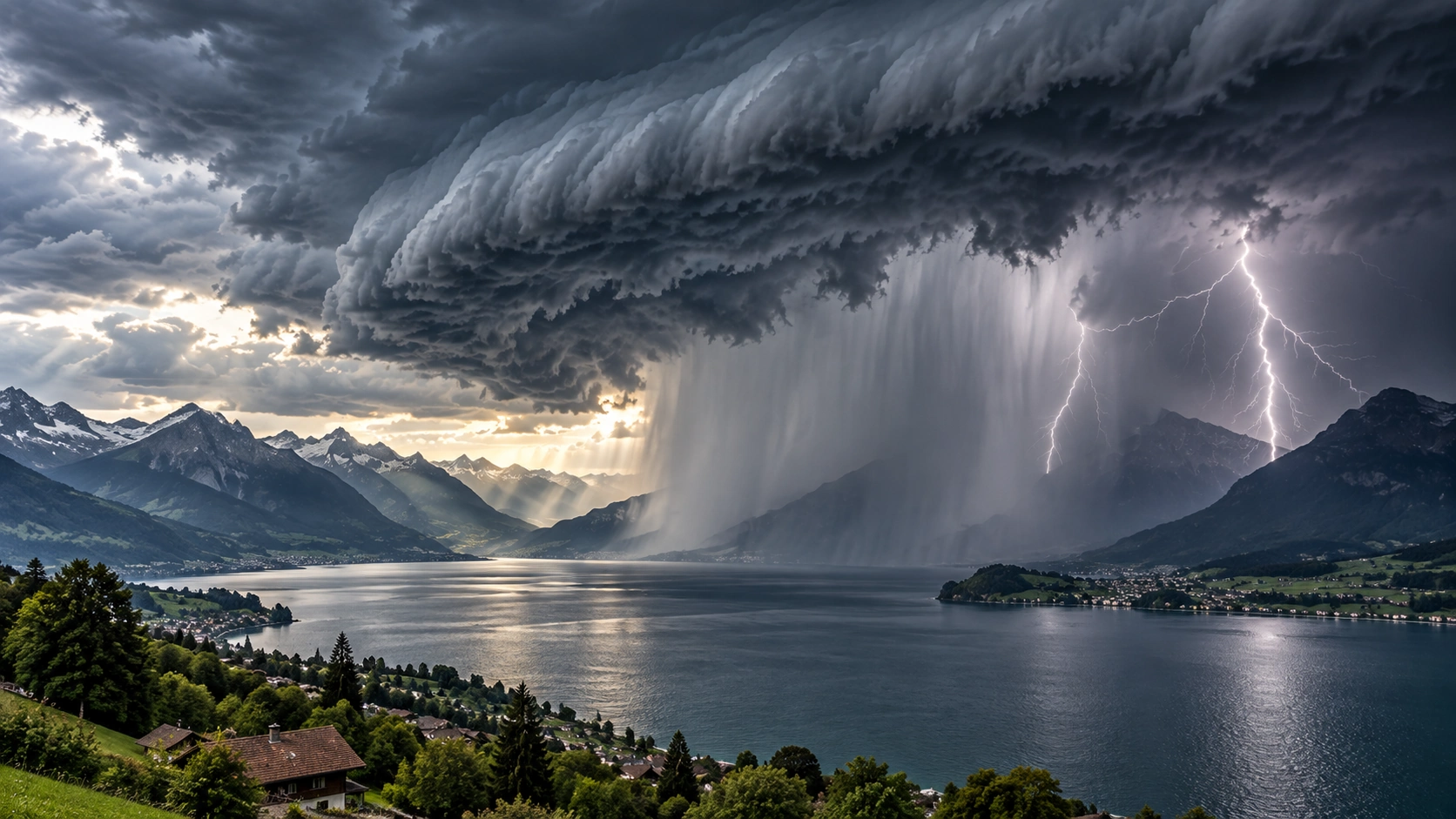 Windsack über einer Schweizer Seenlandschaft als neutrales Symbolbild für Bise und kräftigen Wind