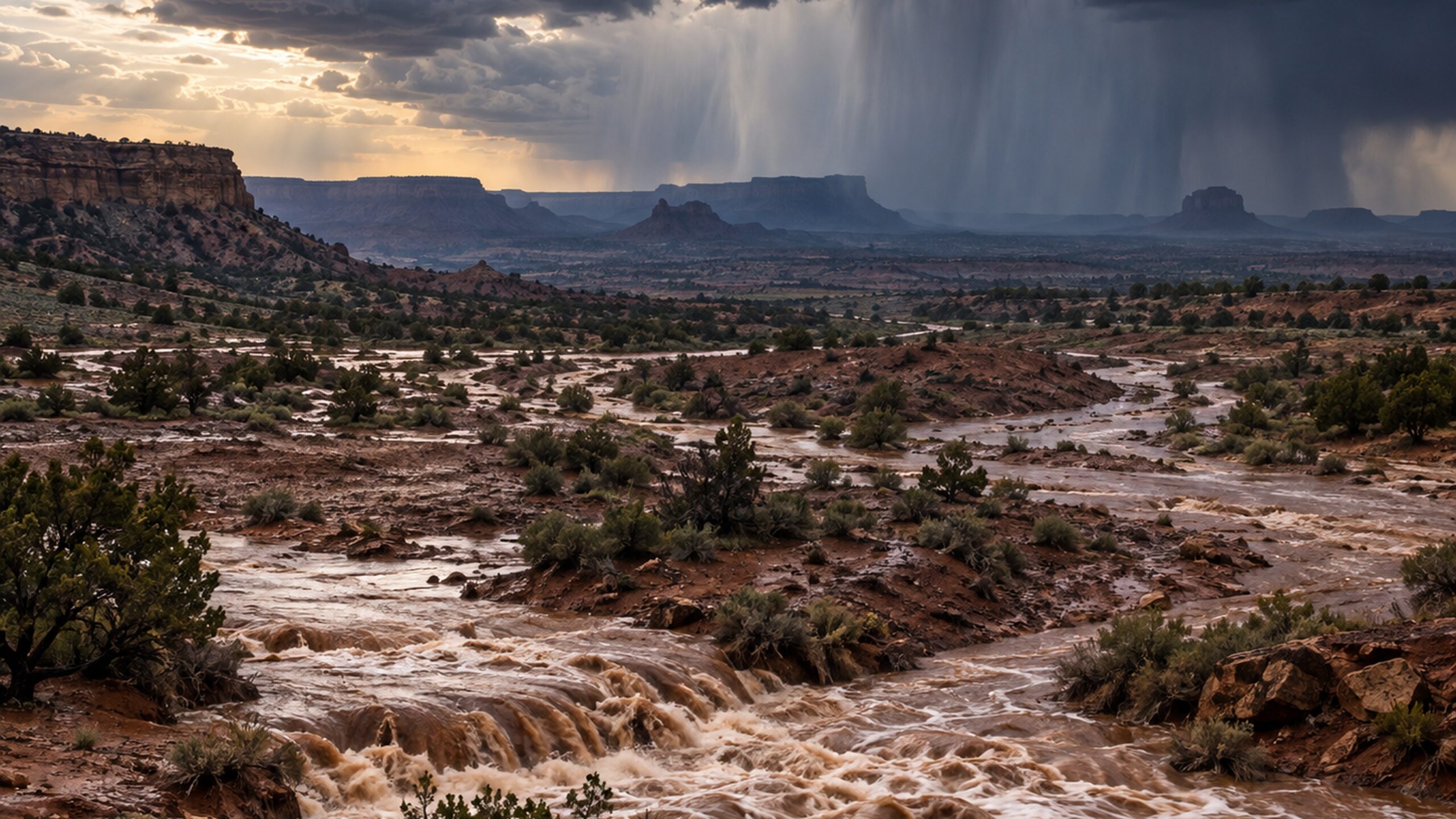 Sturzflut in einer felsigen Wüstenlandschaft unter einer schweren Gewitterfront in New Mexico