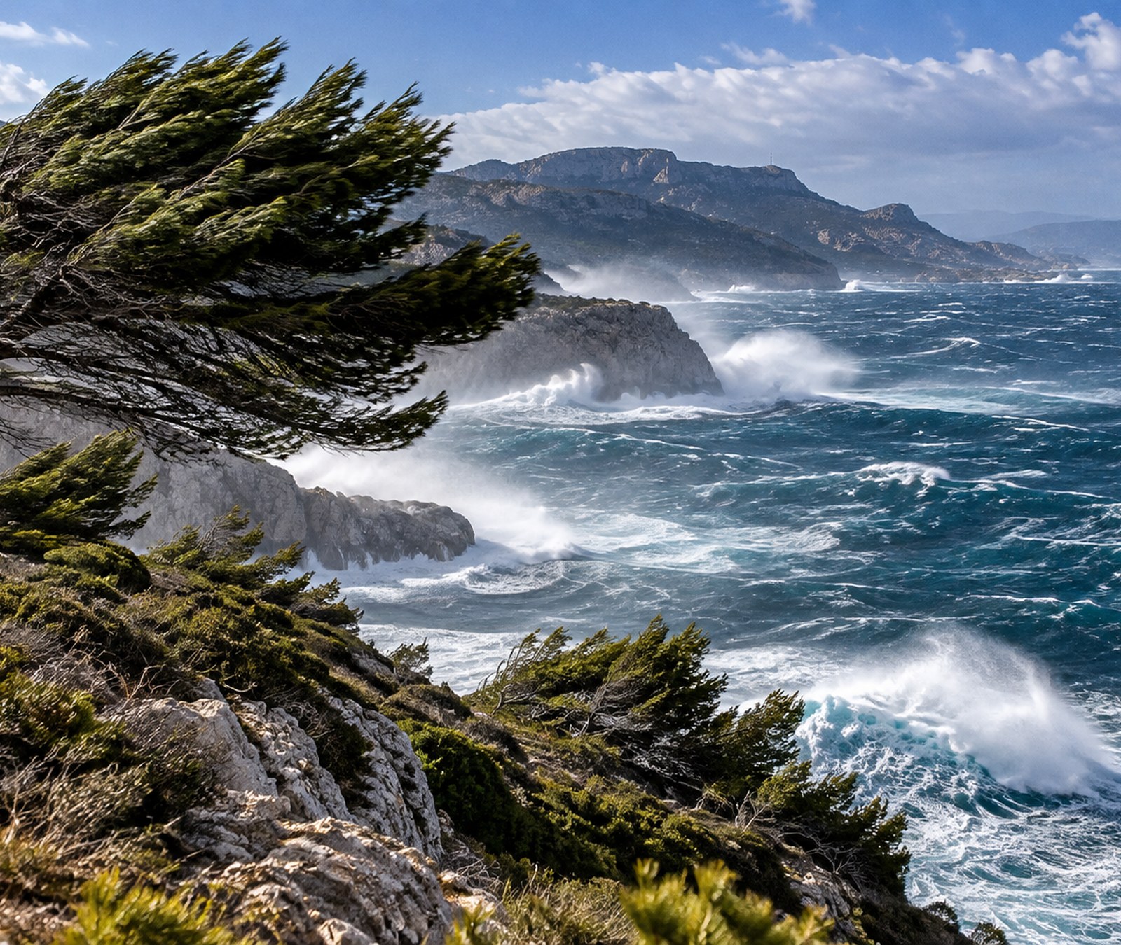 Starker Mistral peitscht über eine felsige Mittelmeerküste in der Provence und treibt hohe Gischt über das Meer.