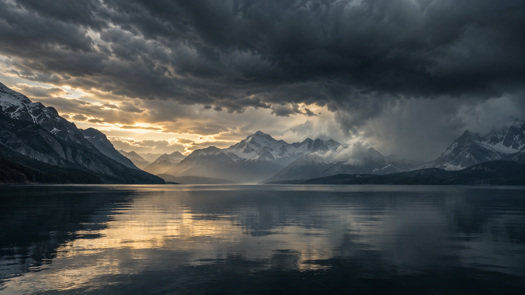 Dunkle Sturmwolken über einem Bergsee und alpiner Landschaft mit hellem Horizont.