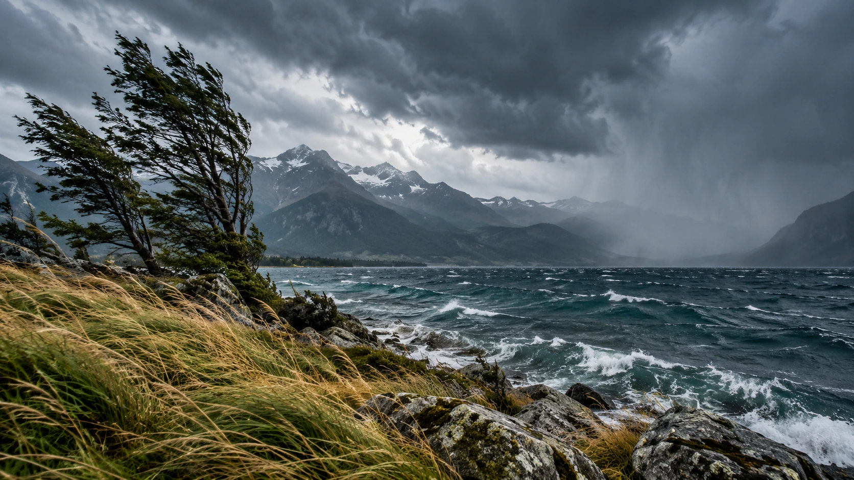 Windige alpine Seelandschaft mit bewegtem Wasser und dunklen Wolken.