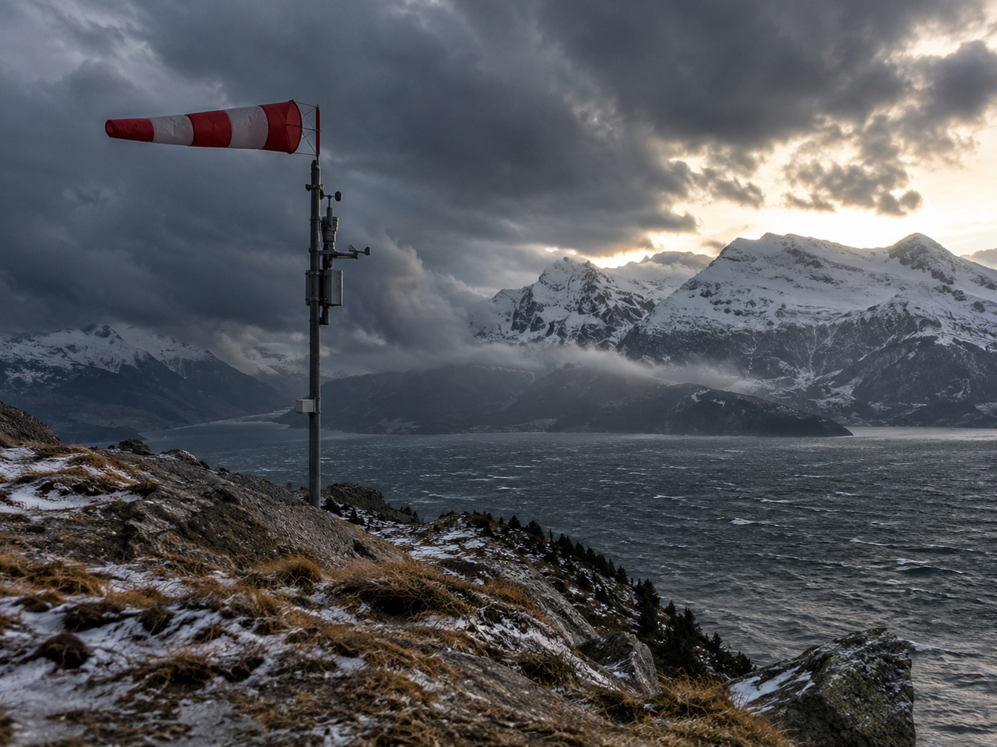 Windsack an einem alpinen See unter dunklen Sturmwolken und frischem Wind